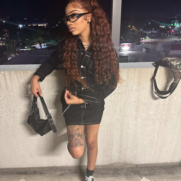 Black Denim Dress with silver buttons and white thread lining - Picture 4 of 5